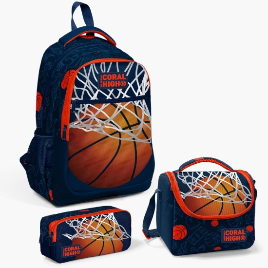 Coral High Kids Lacivert Turuncu Basketbol Desenli 3’lü Okul Çanta Seti SET0123493 - Coral High KIDS