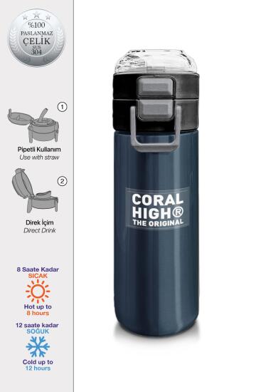 Coral High Kids Lacivert Turuncu Çizgili Pipetli ve Direkt İçim Çelik Termos 500 ml 31998 - Coral High KIDS