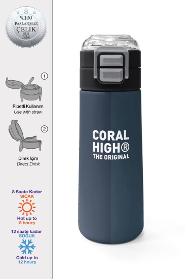 Coral High Kids Lacivert Turuncu Çizgili Pipetli ve Direkt İçim Çelik Termos 500 ml 31998 - Coral High KIDS