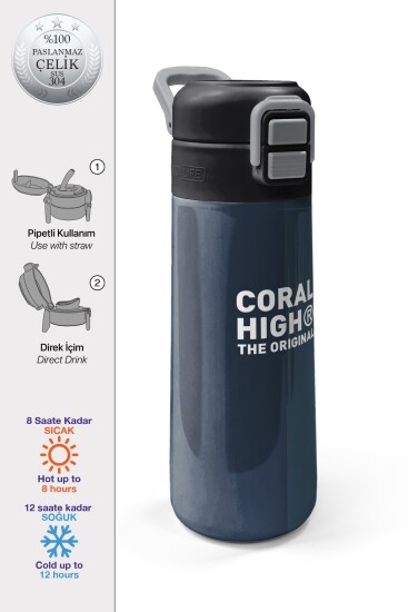 Coral High Kids Lacivert Turuncu Çizgili Pipetli ve Direkt İçim Çelik Termos 500 ml 31998 