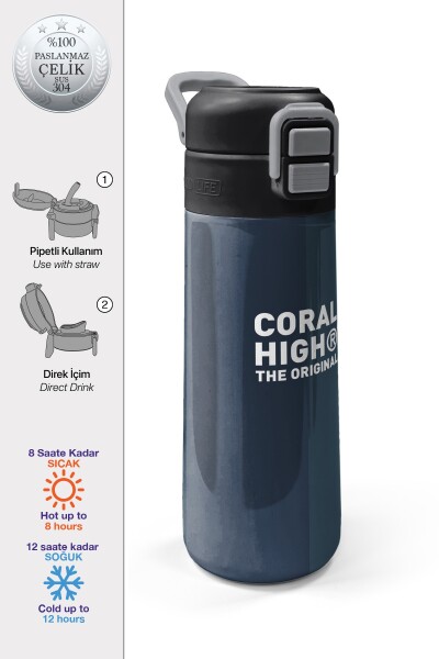 Coral High Kids Lacivert Turuncu Çizgili Pipetli ve Direkt İçim Çelik Termos 500 ml 31998 - 1