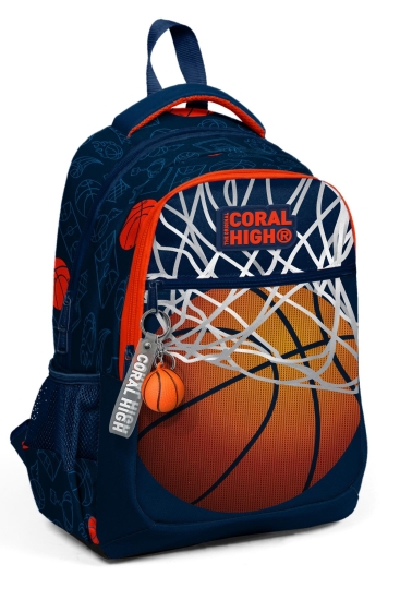 Coral High Kids Lacivert Turuncu Basketbol Desenli Üç Bölmeli Okul Sırt Çantası 23493 - Coral High KIDS