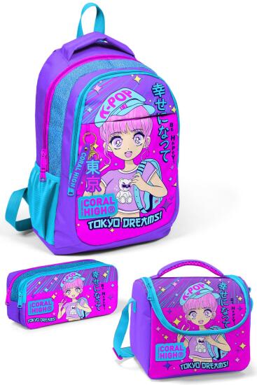Coral High Kids Mor Pembe Mavi Simli K-Pop Desenli 3’lü Okul Çanta Seti SET0114403 - Coral High KIDS