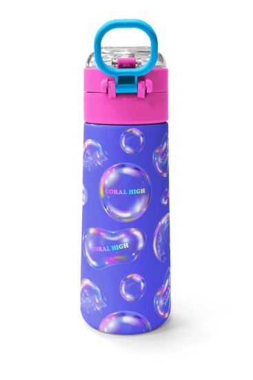 Coral High Kids Lavanta Pembe Baloncuk Desenli Pipetli ve Direkt İçim Çelik Termos 500 ml 31981 - 4
