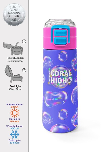 Coral High Kids Lavanta Pembe Baloncuk Desenli Pipetli ve Direkt İçim Çelik Termos 500 ml 31981 - 1