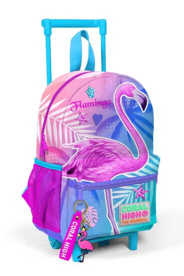 Minik Yuva Çekçekli Sırt Çantası Lavanta Pembe Flamingo Desenli İki Bölmeli 24006 