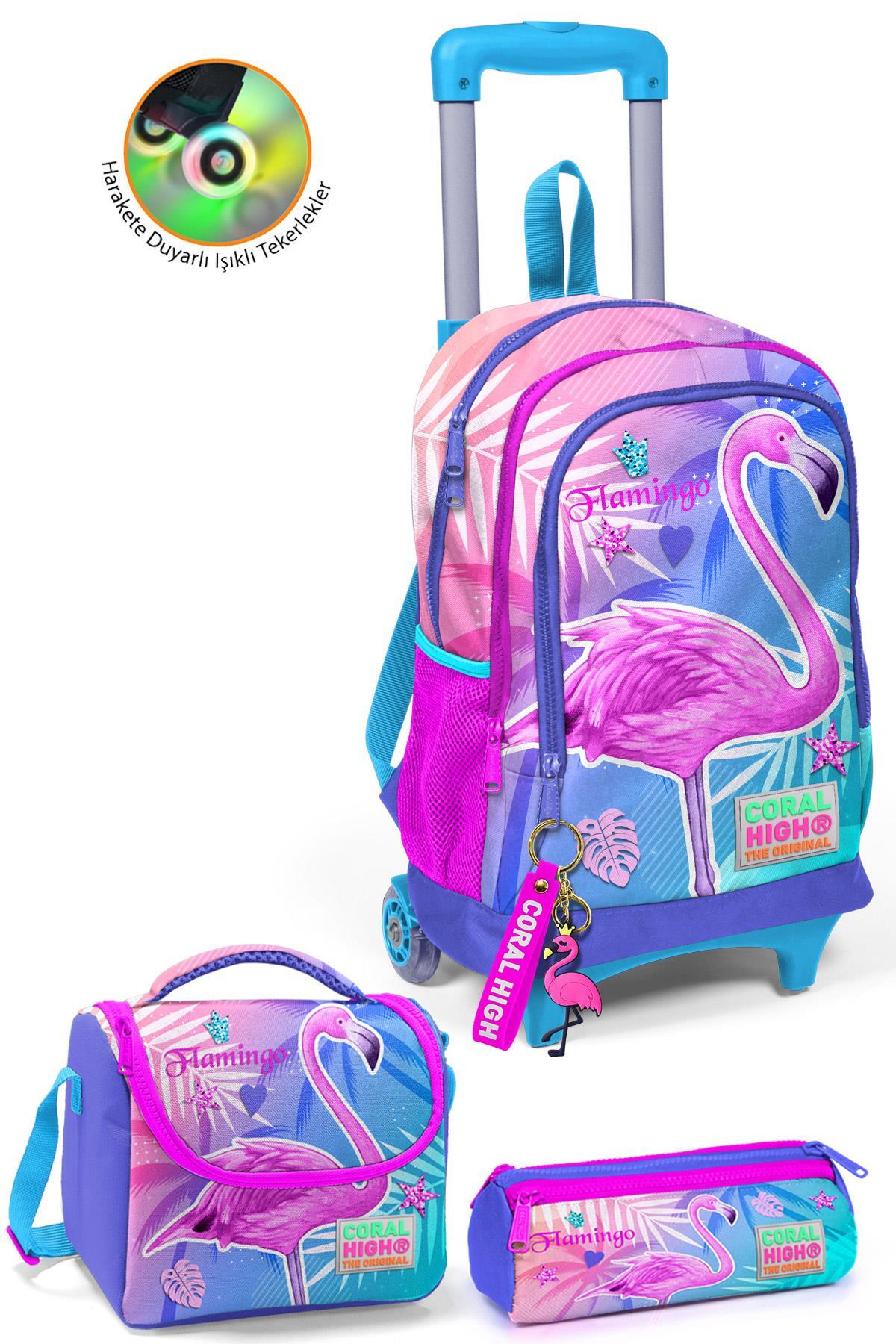 Coral High Kids Lavanta Pembe Flamingo Desenli Çekçekli 3'lü Çanta Seti SET0123905