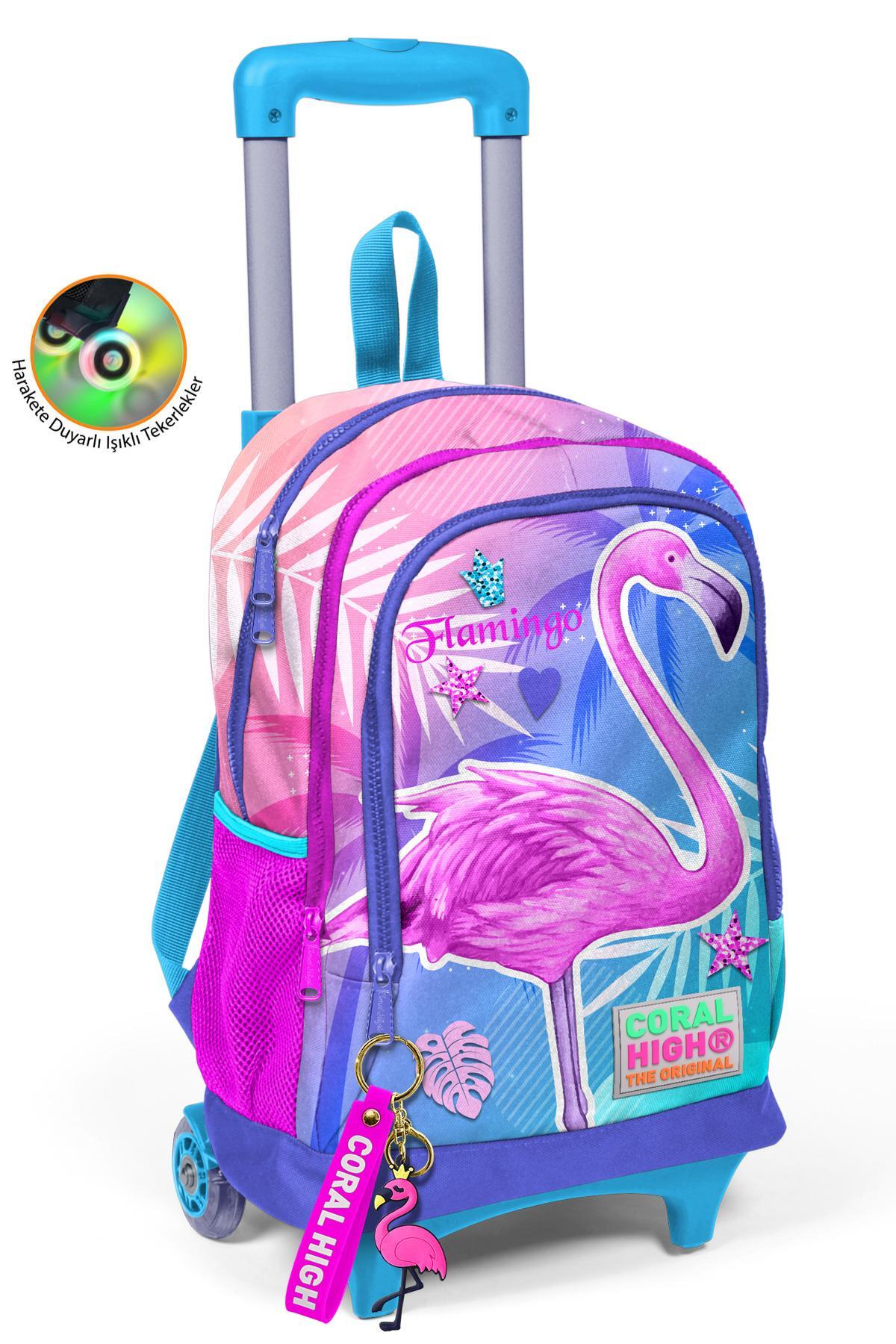 Coral High Kids Lavanta Pembe Flamingo Desenli Üç  Bölmeli Çekçekli Okul Sırt Çantası 23905