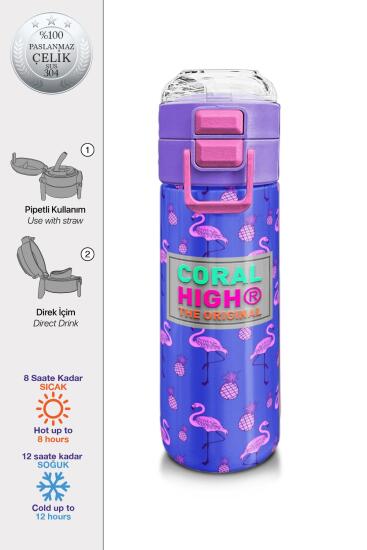 Coral High Kids Lavanta Pembe Flamingo Desenli Pipetli ve Direkt İçim Çelik Termos 500 ml 31905 - Coral High KIDS