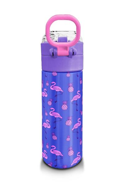 Coral High Kids Lavanta Pembe Flamingo Desenli Pipetli ve Direkt İçim Çelik Termos 500 ml 31905 - 3