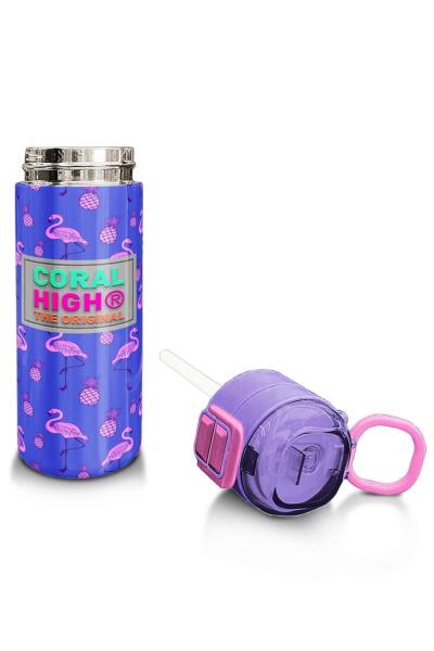 Coral High Kids Lavanta Pembe Flamingo Desenli Pipetli ve Direkt İçim Çelik Termos 500 ml 31905 - 4