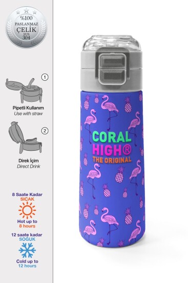 Coral High Kids Lavanta Pembe Flamingo Desenli Pipetli ve Direkt İçim Çelik Termos 500 ml 31905 - Coral High KIDS