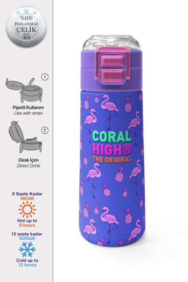 Coral High Kids Lavanta Pembe Flamingo Desenli Pipetli ve Direkt İçim Çelik Termos 500 ml 31905 - Coral High KIDS