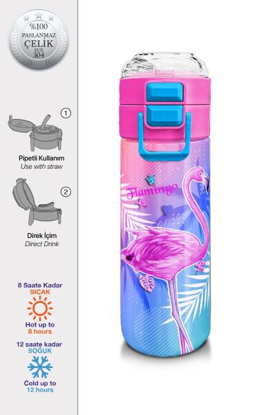 Coral High Kids Lavanta Pembe Flamingo Desenli Pipetli ve Direkt İçim Çelik Termos 500 ml 31921 - 1