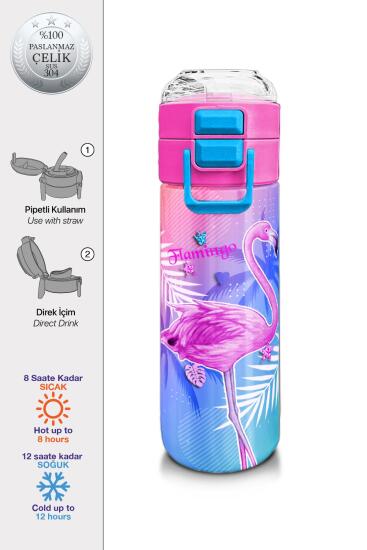 Coral High Kids Lavanta Pembe Flamingo Desenli Pipetli ve Direkt İçim Çelik Termos 500 ml 31921 - Coral High KIDS