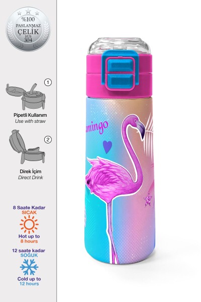 Coral High Kids Lavanta Pembe Flamingo Desenli Pipetli ve Direkt İçim Çelik Termos 500 ml 31921 - 1