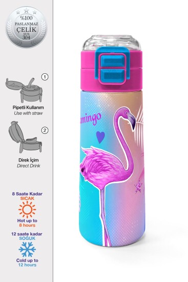 Coral High Kids Lavanta Pembe Flamingo Desenli Pipetli ve Direkt İçim Çelik Termos 500 ml 31921 