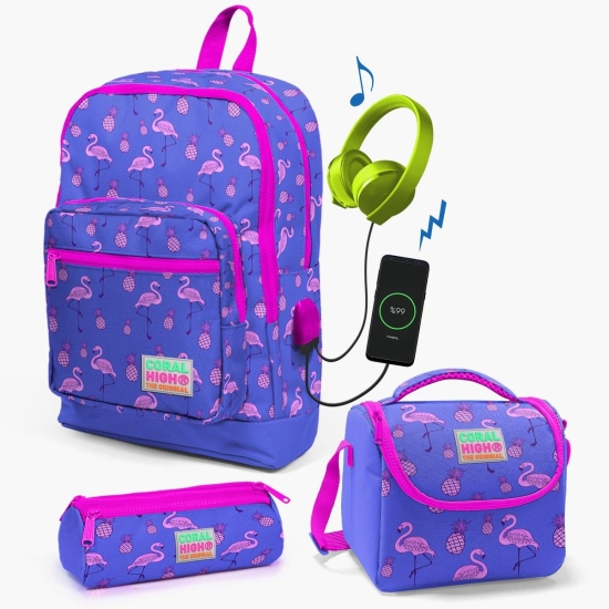 Coral High Kids Lavanta Pembe Flamingo Desenli USB'li 3’lü Okul Çanta Seti SET0123276 