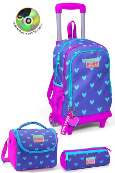 Coral High Kids Lavanta Pembe Kalp Desenli Çekçekli 3'lü Çanta Seti SET0123906 