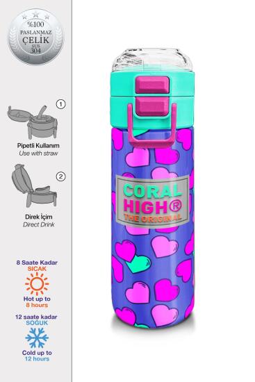 Coral High Kids Lavanta Pembe Kalp Desenli Pipetli ve Direkt İçim Çelik Termos 500 ml 31910 - Coral High KIDS