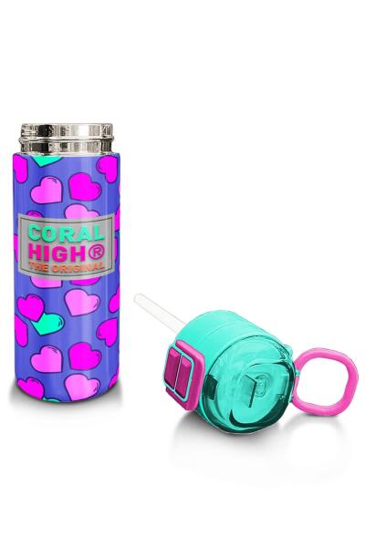 Coral High Kids Lavanta Pembe Kalp Desenli Pipetli ve Direkt İçim Çelik Termos 500 ml 31910 - 4