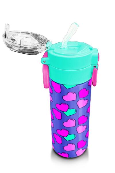 Coral High Kids Lavanta Pembe Kalp Desenli Pipetli ve Direkt İçim Çelik Termos 500 ml 31910 - 5