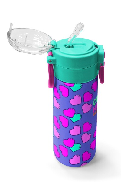 Coral High Kids Lavanta Pembe Kalp Desenli Pipetli ve Direkt İçim Çelik Termos 500 ml 31910 - 5