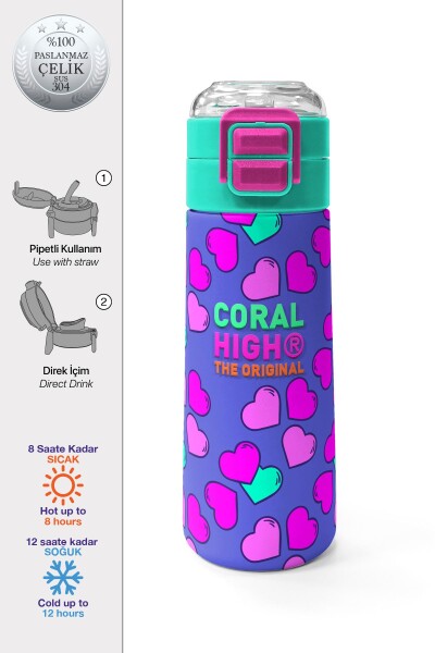 Coral High Kids Lavanta Pembe Kalp Desenli Pipetli ve Direkt İçim Çelik Termos 500 ml 31910 - 1