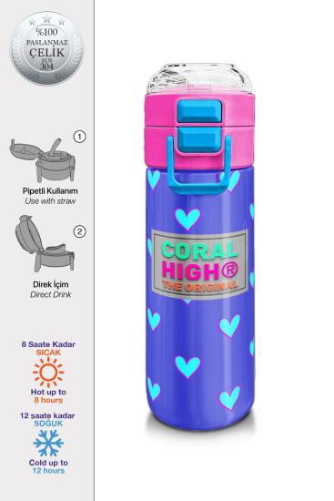 Coral High Kids Lavanta Pembe Kalp Desenli Pipetli ve Direkt İçim Çelik Termos 500 ml 31922 - Coral High KIDS