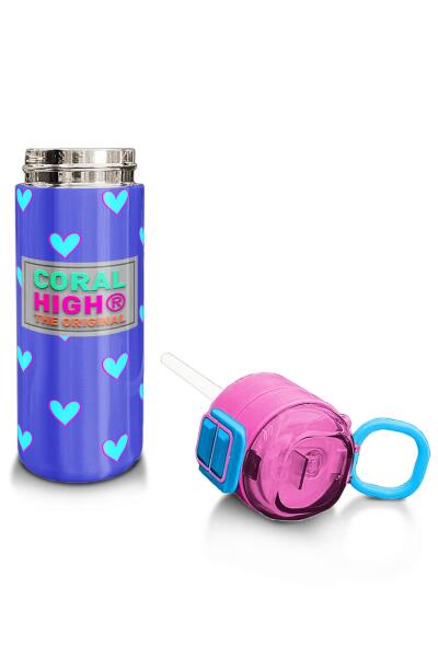 Coral High Kids Lavanta Pembe Kalp Desenli Pipetli ve Direkt İçim Çelik Termos 500 ml 31922 - 4