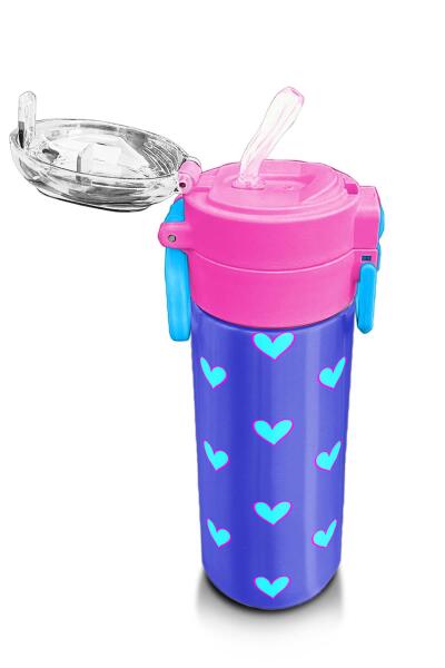 Coral High Kids Lavanta Pembe Kalp Desenli Pipetli ve Direkt İçim Çelik Termos 500 ml 31922 - 5