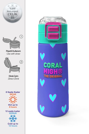 Coral High Kids Lavanta Pembe Kalp Desenli Pipetli ve Direkt İçim Çelik Termos 500 ml 31922 