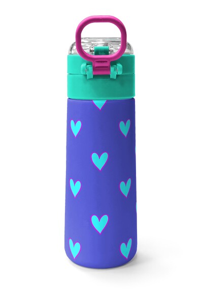 Coral High Kids Lavanta Pembe Kalp Desenli Pipetli ve Direkt İçim Çelik Termos 500 ml 31922 - 4
