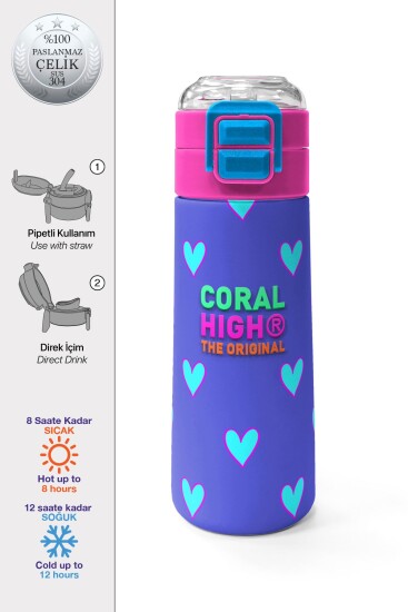 Coral High Kids Lavanta Pembe Kalp Desenli Pipetli ve Direkt İçim Çelik Termos 500 ml 31922 - 1