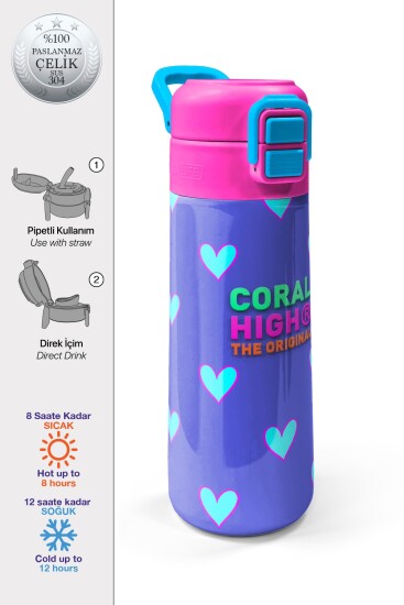 Coral High Kids Lavanta Pembe Kalp Desenli Pipetli ve Direkt İçim Çelik Termos 500 ml 31922 