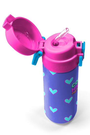 Coral High Kids Lavanta Pembe Kalp Desenli Pipetli ve Direkt İçim Çelik Termos 500 ml 31922 - 2