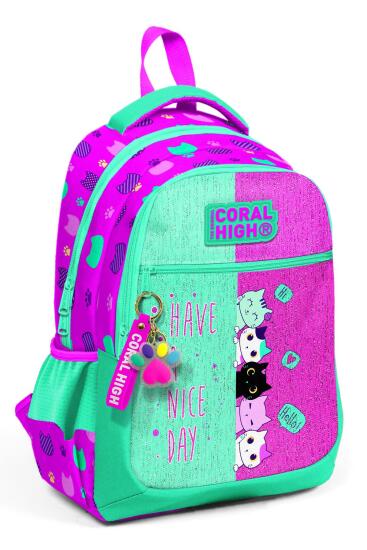 Coral High Kids Pembe Su Yeşili Kedi Desenli Simli Üç Bölmeli Okul Sırt Çantasıı 23490 - 1