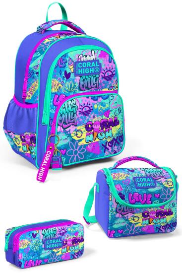 Coral High Kids Lavanta Su Yeşili Grafiti Desenli 3'lü Okul Çanta Seti SET0114414 - Coral High KIDS