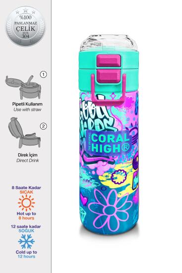 Coral High Kids Lavanta Su Yeşili Grafiti Desenli Pipetli ve Direkt İçim Çelik Termos 500 ml 31971 - Coral High KIDS