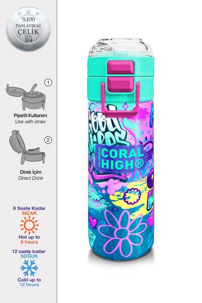 Coral High Kids Lavanta Su Yeşili Grafiti Desenli Pipetli ve Direkt İçim Çelik Termos 500 ml 31971 - 1