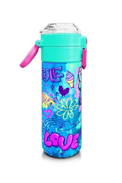 Coral High Kids Lavanta Su Yeşili Grafiti Desenli Pipetli ve Direkt İçim Çelik Termos 500 ml 31971 - 2