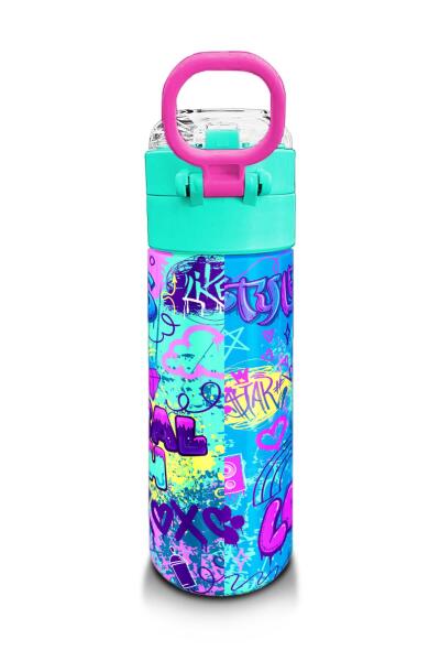 Coral High Kids Lavanta Su Yeşili Grafiti Desenli Pipetli ve Direkt İçim Çelik Termos 500 ml 31971 - 3