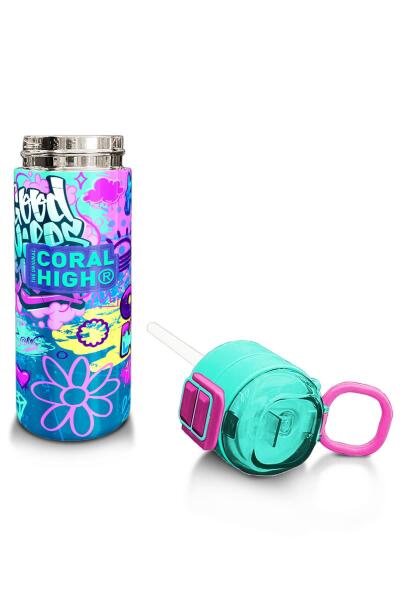 Coral High Kids Lavanta Su Yeşili Grafiti Desenli Pipetli ve Direkt İçim Çelik Termos 500 ml 31971 - 4