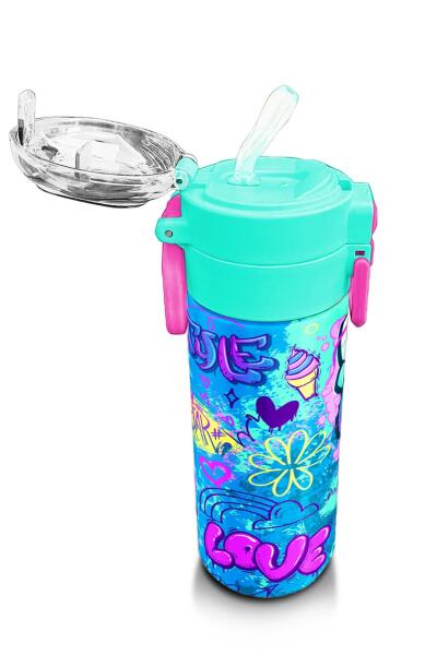 Coral High Kids Lavanta Su Yeşili Grafiti Desenli Pipetli ve Direkt İçim Çelik Termos 500 ml 31971 - 5