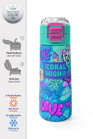 Coral High Kids Lavanta Su Yeşili Grafiti Desenli Pipetli ve Direkt İçim Çelik Termos 500 ml 31971 - Coral High KIDS