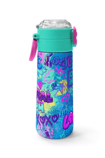Coral High Kids Lavanta Su Yeşili Grafiti Desenli Pipetli ve Direkt İçim Çelik Termos 500 ml 31971 - 2