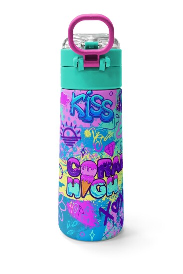 Coral High Kids Lavanta Su Yeşili Grafiti Desenli Pipetli ve Direkt İçim Çelik Termos 500 ml 31971 - 4