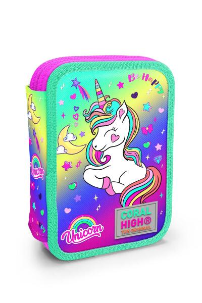 Coral High Kids Lavanta Su Yeşili Unicorn Desenli Çift Katlı Kalem Çanta 11129 - 1
