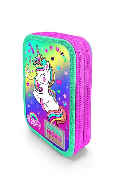 Coral High Kids Lavanta Su Yeşili Unicorn Desenli Çift Katlı Kalem Çanta 11129 - 2