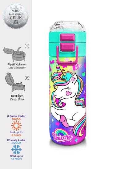 Coral High Kids Lavanta Su Yeşili Unicorn Desenli Pipetli ve Direkt İçim Çelik Termos 500 ml 31937 - Coral High KIDS